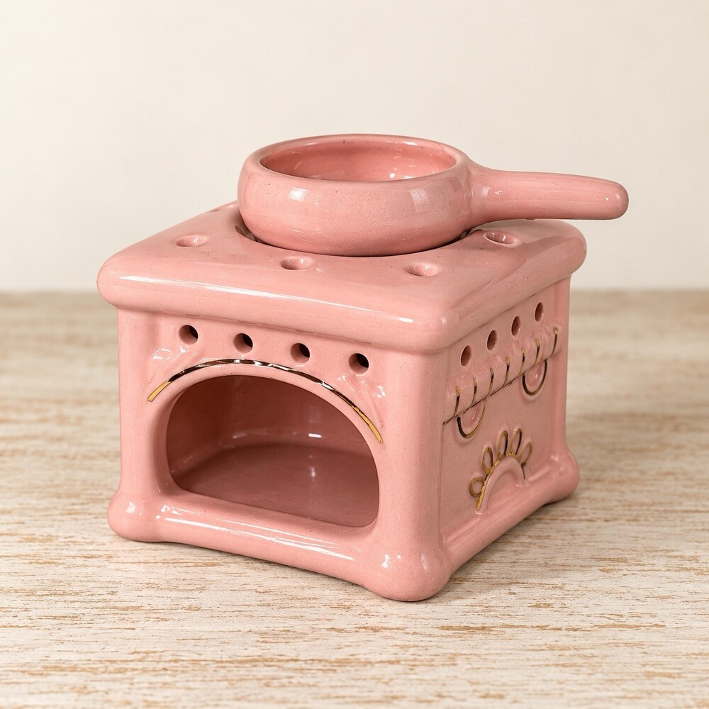 Pink Ceramic Stove Tea Light Wax Warmer With Removable Handled Dish